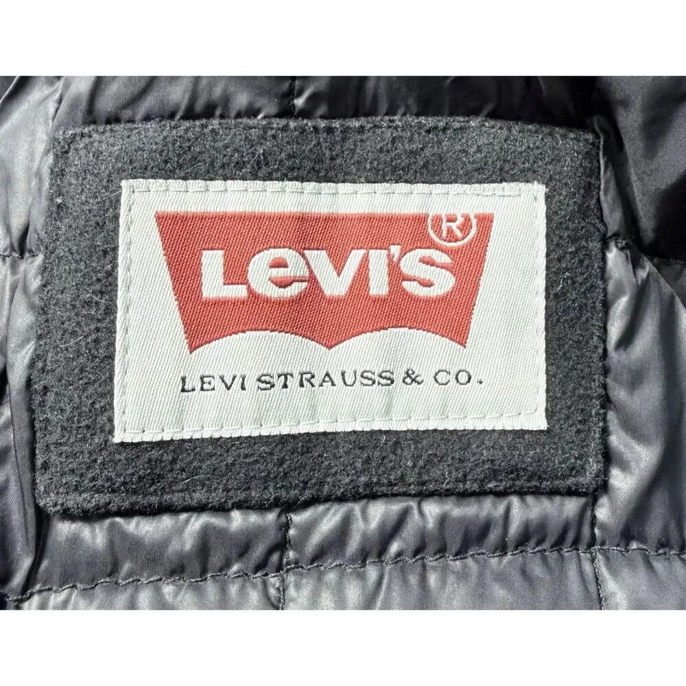 Levis Jacket Mens M Black Wool Blend Hooded Lined Quilted Pea Coat